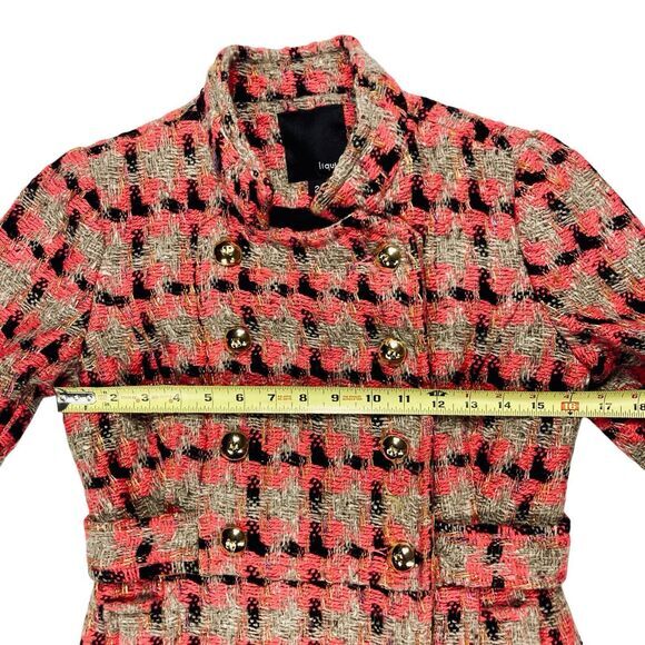 Liquid Wool Blend Tweed Long Coat Sz 2 Brown Orange Plaid Preppy Elegant PeaCoat - Picture 10 of 16